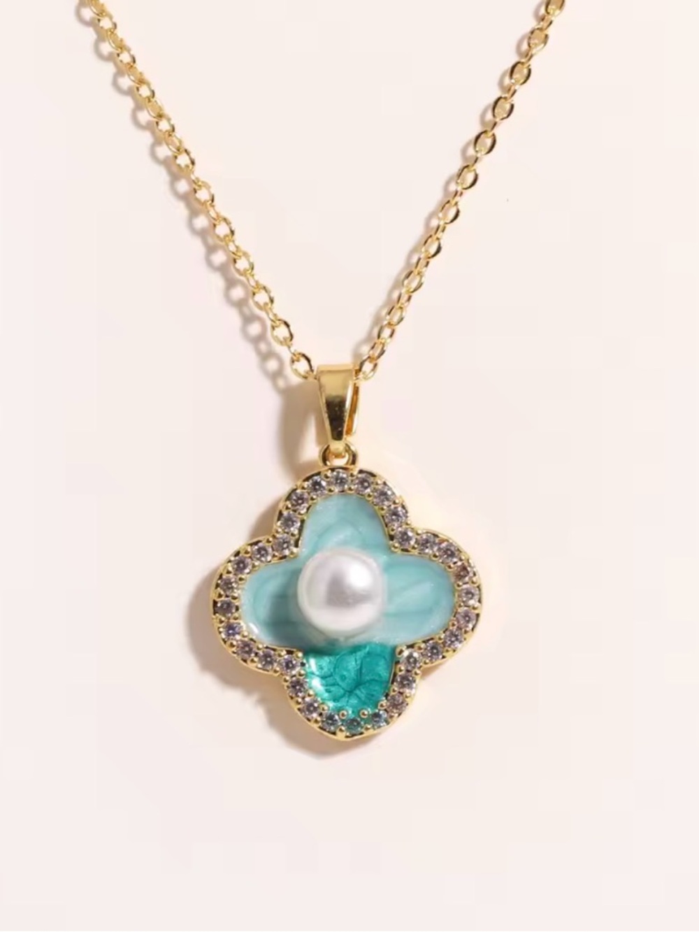 Gold-Tone Turquoise Flower Pearl Pendant Necklace